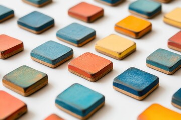 Fototapeta premium Colorful wooden tiles arranged in a grid pattern on a white background, showcasing vibrant hues