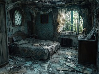 Abandoned cottage interior slung derelict forsaken outcast