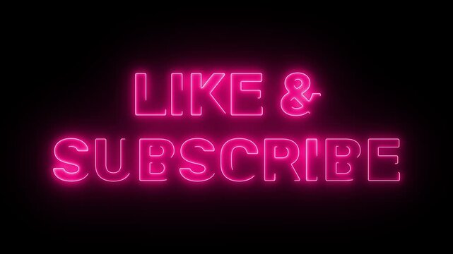 Glowing pink neon sign encouraging viewers to like and subscribe on dark background