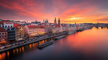 Fototapeta premium Elevated Wide Angle View of European Capitals at Sunset Over River Banks