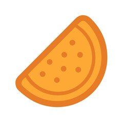 Flat orange fruit slice isolated against solid black background