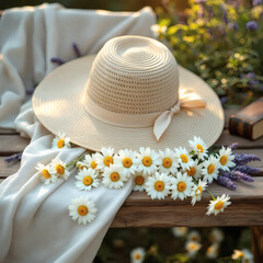 Luxurious Rustic Elegance Straw Hat & Fresh Daisies on Distressed Wooden Bench – Perfect for Summer, Boho, and Farmhouse Themes