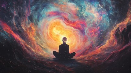 Composed of intricate, ever-flowing radio signals, the figure pulses with divine chakra energy, immersed in a boundless ocean of iridescent geological waves.