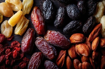 Colorful and Healthy Assortment of Dried Fruits and Nuts for Snacking and Cooking on a Dark Wooden Background