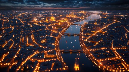 Enchanting Aerial View of a European City Illuminated at Night with Scenic River