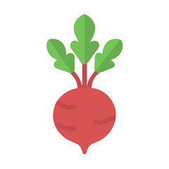 Flat design illustration of a red beet with green leaves