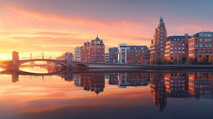 Fototapeta premium Enchanting View of European City at Sunrise Reflected on Calm Water Surface