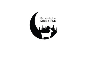 Eid al-Adha Mubarak with Crescent Moon, Goat and Mosque as Background.