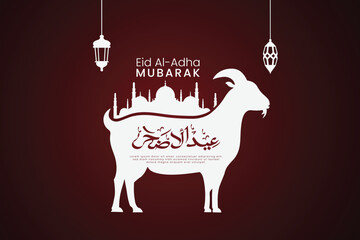 Eid al-Adha Mubarak with Crescent Moon, Goat and Mosque as Background.