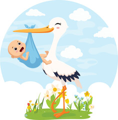 Cute flying cartoon stork with new born baby, Funny character delivery of infant