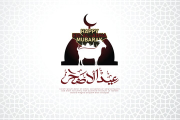 Eid al-Adha Mubarak with Crescent Moon, Goat and Mosque as Background.