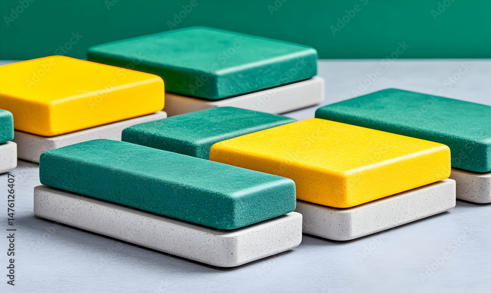 Poster abstract composition of colorful blocks, featuring yellow and teal rectangular shapes stacked on neu