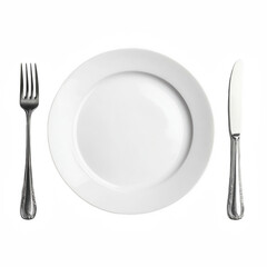 White Plate with Fork and Knife - Isolated on White Background