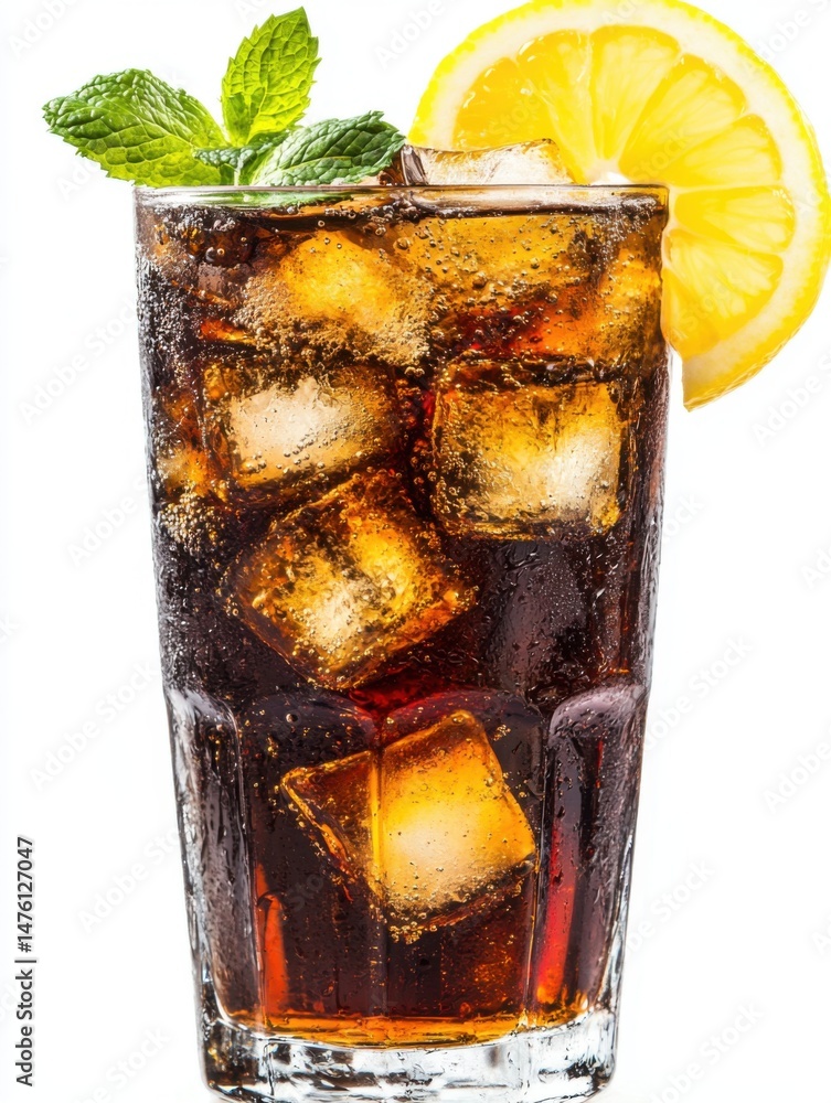 Poster refreshing cola drink with ice cubes and lemon slice on white background studio shot close up view