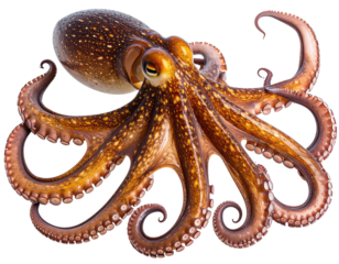 Vibrant octopus with copper-brown spotted pattern, curling tentacles with suction cups, and intelligent amber eye isolated on transparent background.