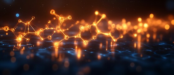 Glowing orange molecular structure floating in a dark blue atmosphere