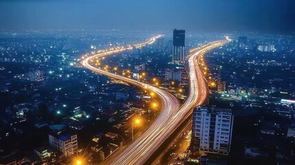 Fototapeta premium Night Cityscape Elevated View of Highway and City Lights