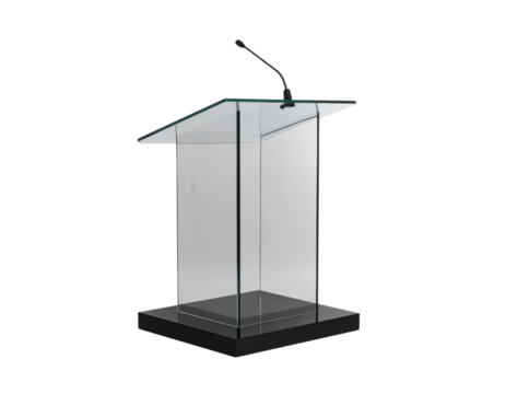 Modern transparent acrylic podium lectern with microphone and black base isolated on white background for presentations and public speaking.
