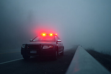 Black police car with red emergency lights on is parked on shoulder of foggy road, creating dramatic and tense atmosphere in low visibility conditions