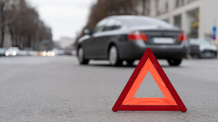 Warning triangle car flat tire city street emergency blurred background urban road vehicle safety warning triangle is placed city street near car with flat tire indicating emergency situation