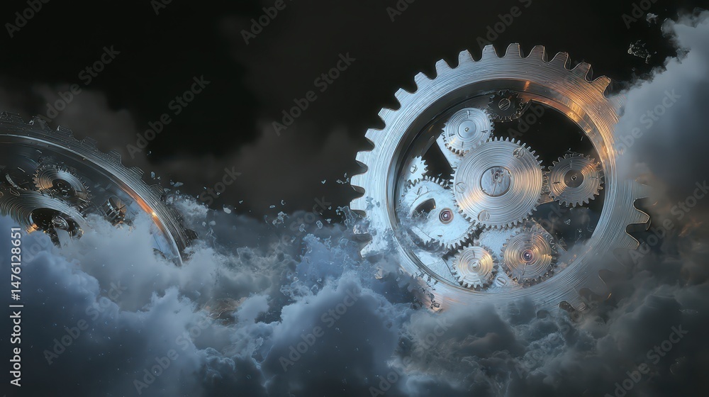 Poster surreal clockwork gears in clouds abstract time mechanism fantasy
