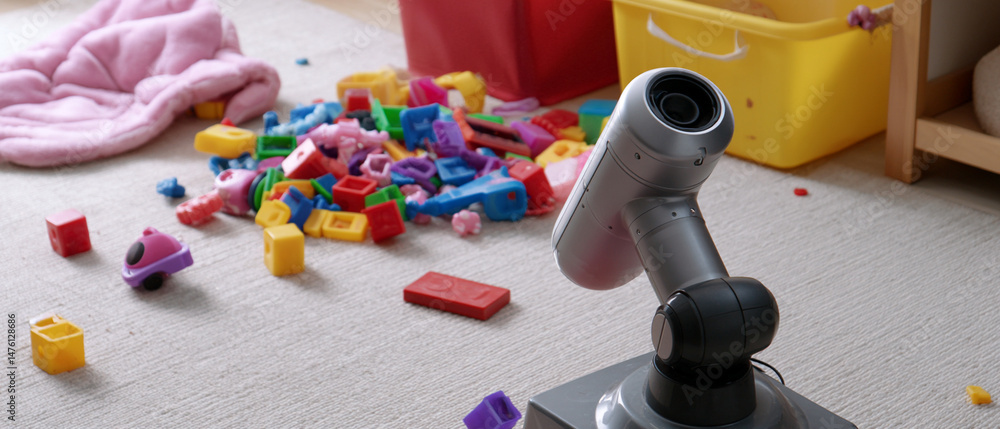 Poster robotic arm tidies up colorful plastic toy blocks in child playroom, creating organized and cheerful