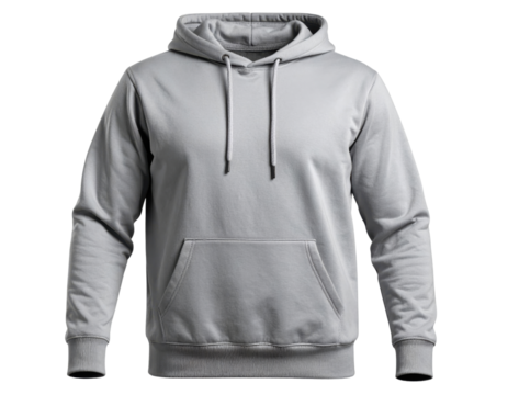 Gray pullover hoodie sweatshirt with kangaroo pocket and drawstring hood isolated on white background