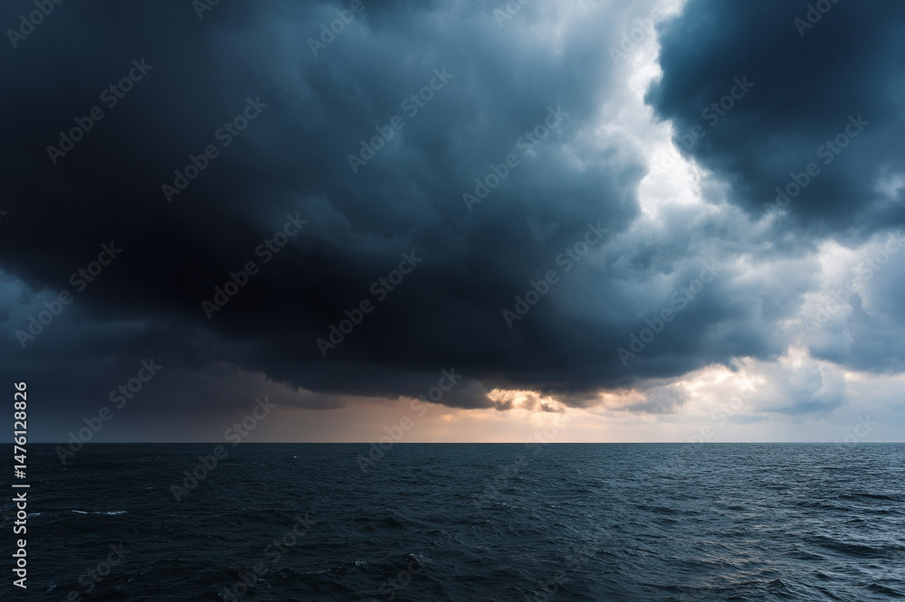 Poster Dark storm clouds roll over open sea, creating dramatic and moody atmosphere as horizon glows faintly with light beneath brooding sky