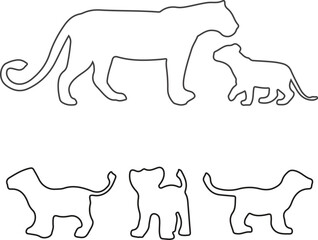 Outline of big cat and cub with playful kittens, minimal animal line art vector for wildlife, pet, and nature designs
