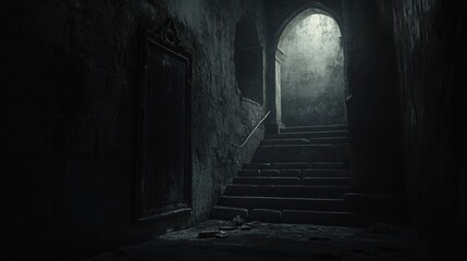 Intriguing, dimly lit interior staircase in a stone hallway.