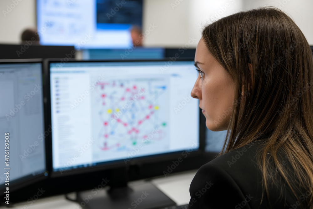 Poster Closeup of focused female IT consultant working at desk with multiple computer monitors displaying network diagrams in modern office environment