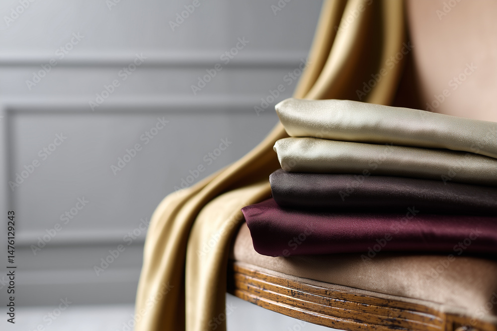 Poster luxury fabric plain color elegantly draped soft texture smooth surface neutral tone stacked chair in