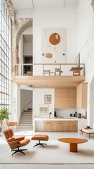 Modern loft interior with large windows, mezzanine, and stylish furniture
