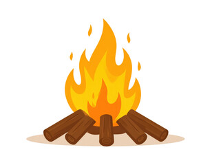 Cartoon campfire with bright orange flames and wooden logs vector illustration on transparent background for outdoor and camping themes.
