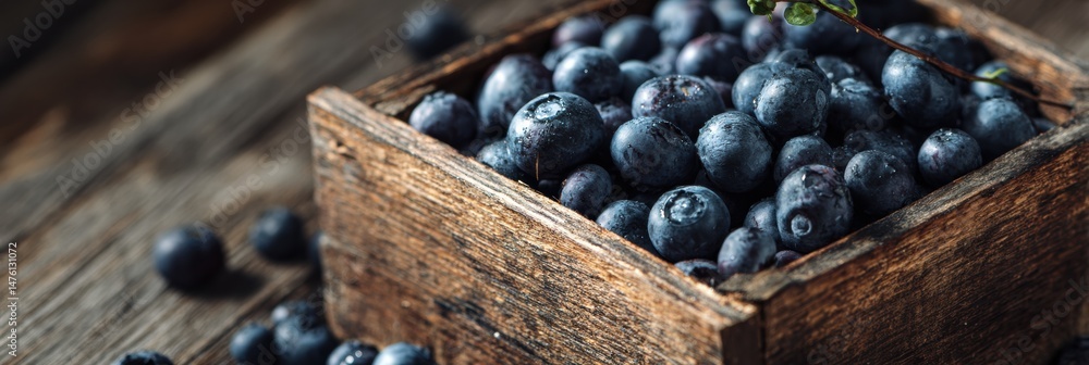 Poster fresh blueberries nestled in rustic wooden box with soft focus on the right side, captured in a natu