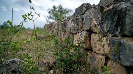 Historic stone wall ruins amidst greenery abandoned field nature photography overgrown landscape close-up view nostalgia