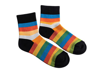 Colorful striped socks with vibrant yellow, orange, green, and teal bands on transparent background