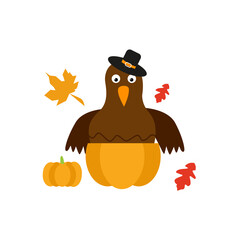 Cheerful turkey holding Happy Thanksgiving sign beside roast turkey and pumpkin. Great for seasonal promotions, festive ads, or holiday event posters