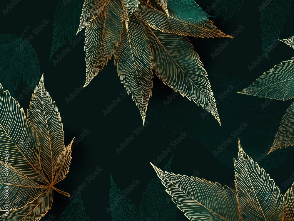 Poster elegant golden leaves artfully arranged on a dark green background creating a luxurious botanical pa