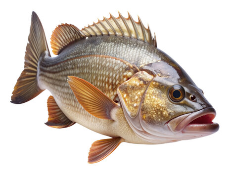 a detailed close-up of a snapper fish with distinctive silver-brown scales, prominent dorsal fins with spines, and orange-gold accents.