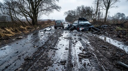 Traffic accident scene rural road photo muddy environment overcast weather road safety awareness