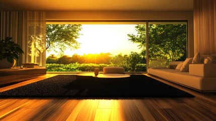 Elegant Living Room Interior with a View of a Breathtaking Sunset over a Lush Green Landscape