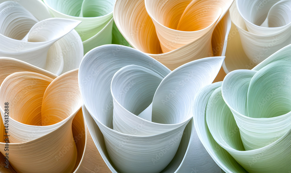 Poster Abstract close-up of swirling, pastel-colored paper sculptures.  Intricate layers create a mesmerizing texture and pattern.