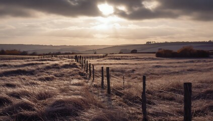 Fototapeta premium Fenced field at sunset