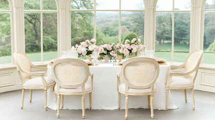 Obraz premium Elegant blush pink floral centerpiece adorns a sunlit dining table, set with exquisite antique-style chairs, overlooking a verdant landscape.