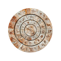 Ancient Circular Stone Carving with Symbolic Designs and Characters