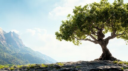 Obraz premium Stunning tree growing on rocky outcrop mountain landscape nature photography bright daylight peaceful setting