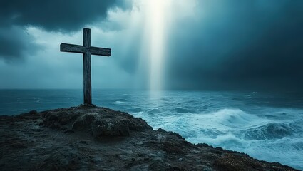 Cross Overlooking Ocean Waves Under Dramatic Sky with Light