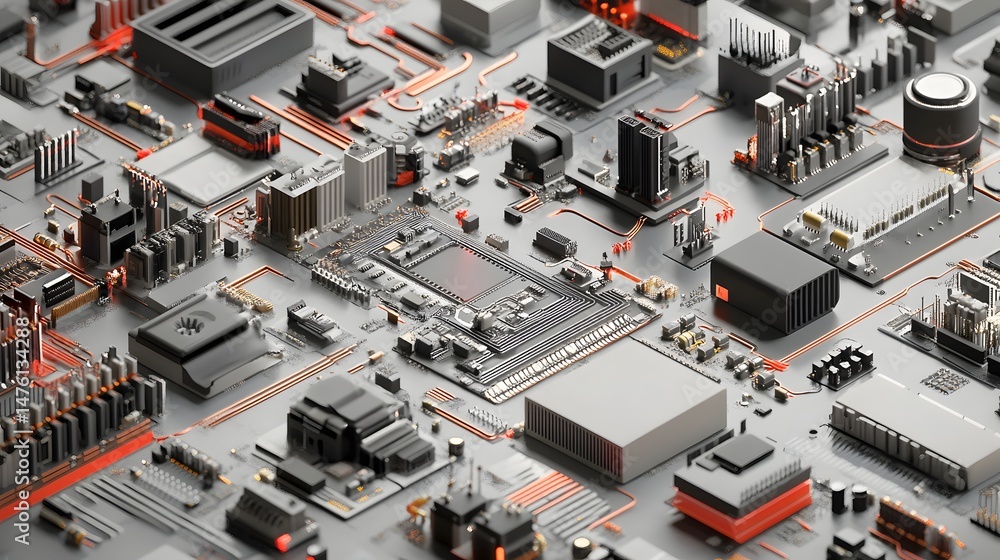 Poster abstract architectural perspective of interconnected technological components.