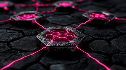 Abstract Data Network  3D Render of Hexagonal Nodes   Pink Energy Lines